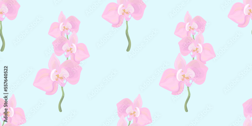 pattern with pink orchids on a blue background