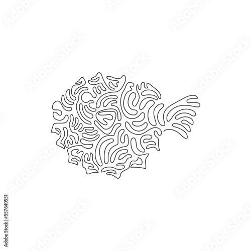 Single one curly line drawing of cute clumsy swimmers abstract art. Continuous line draw graphic design vector illustration of adorable puffer fish for icon, symbol, company logo, and pet lover club