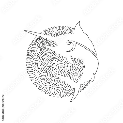 Continuous one curve line drawing of exotic marlin abstract art in circle. Single line editable stroke vector illustration of cute marlin long dorsal fin for logo, wall decor, poster print decoration