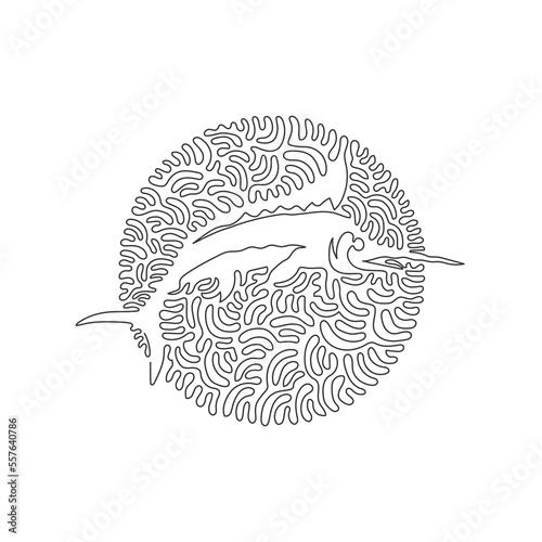 Single swirl continuous line drawing of marlin long dorsal fin abstract art. Continuous line draw graphic design vector illustration style of marlin fastest ocean swimmer for icon, sign, syimbol