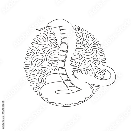 Continuous curve one line drawing of standing cobra abstract art in circle. Single line editable stroke vector illustration of friendly domestic animal for logo, wall decor and poster print decorati