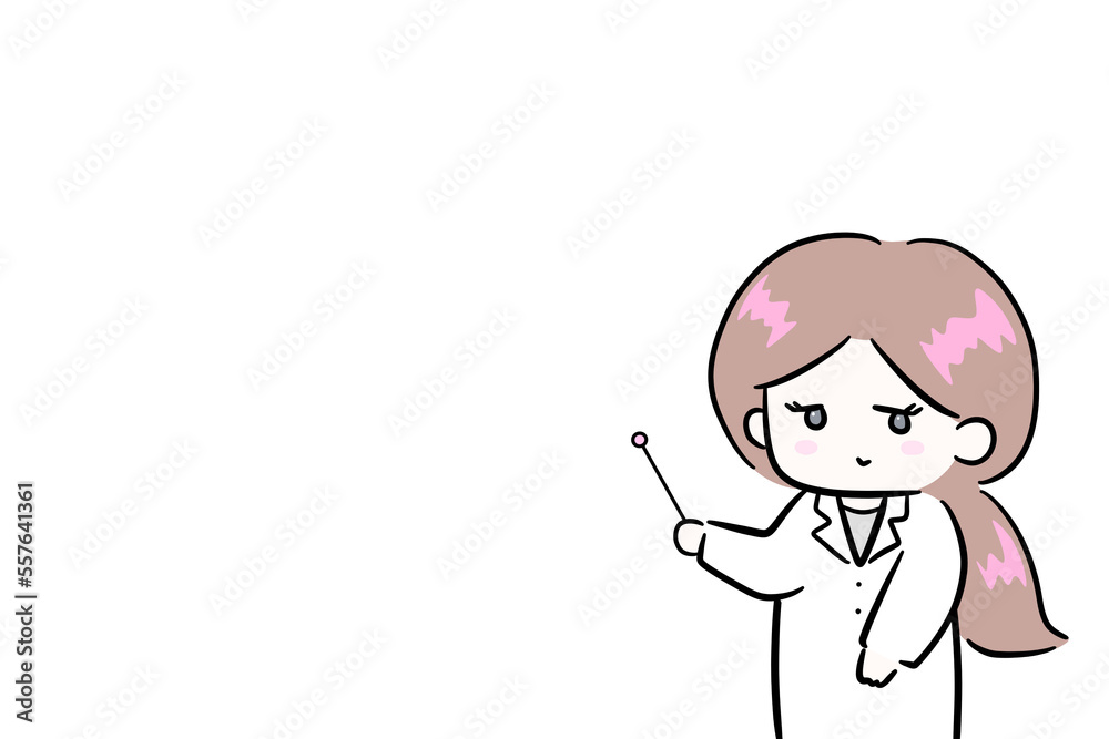 白衣を着て説明をする女性　指示棒を持つ女性　イラスト　余白スペース　コピースペース　医師　白衣