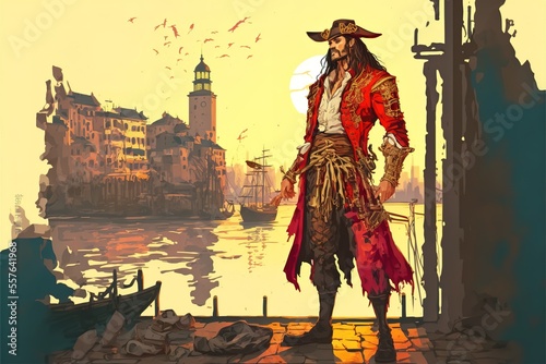 A pirate with a sword stands on the beach near the ship