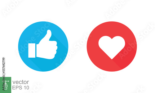 Thumbs up and heart, social media icon. Like, good, love symbol in blue and red circle button. Empathetic emotion reactions. Flat vector Illustration design isolated on white background. EPS 10.
