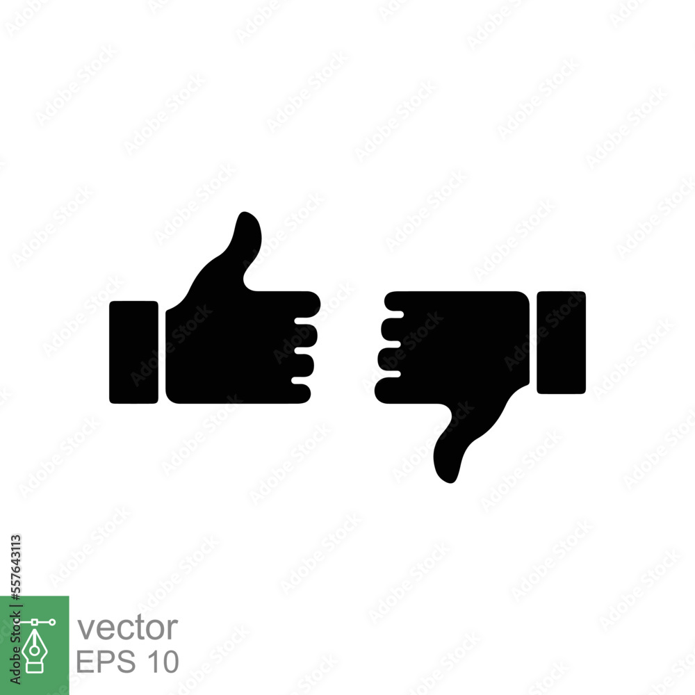Thumbs up and thumbs down icon. Simple solid style. Hand like and unlike thumb finger silhouette sign, good, positive symbol. Glyph vector Illustration design isolated on white background. EPS 10. Thumbs up and thumbs down icon. Simple solid style. Hand like and unlike thumb finger silhouette sign, good, positive symbol. Glyph vector Illustration design isolated on white background. EPS 10.