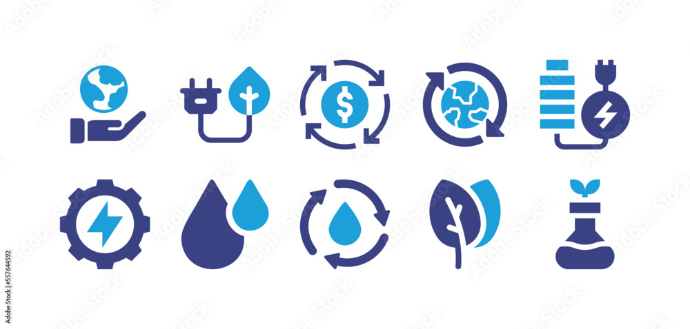 Ecology icon set. Duotone color. Vector illustration. Containing save the world, green energy, circular economy, earth, battery, hydro power, water drops, water cycle, leaves, gmo.
