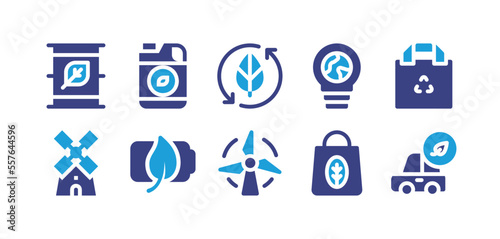 Ecology icon set. Duotone color. Vector illustration. Containing eco fuel, ecological, ecologism, eco packaging, windmill, environment, wind turbine, eco bag, eco car.