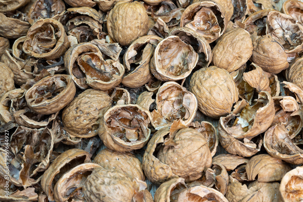close up of empty walnut shells, top view close up of empty walnut shells, top view