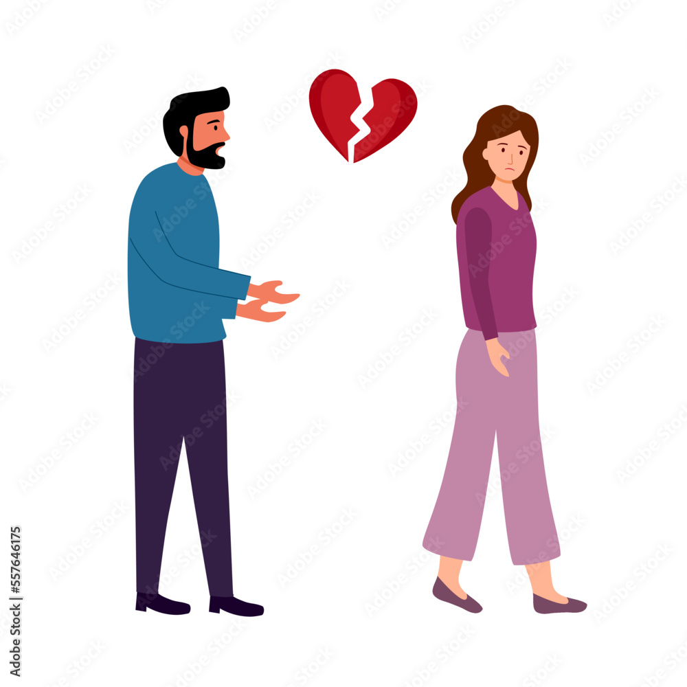 Broken heart concept vector illustration. Sad man and woman with red broken heart pieces. Breakup relationship.