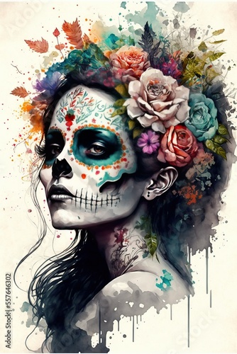 Illustration of woman for Dia de los Muertos makeup and flowers, watercolor  AI assisted finalized in Photoshop by me