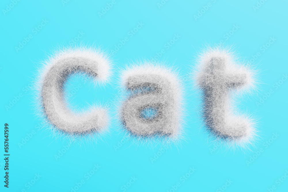 3D render. Lettering cat from white wool on a blue background.