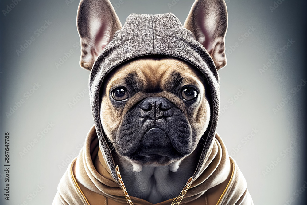 A French Bulldog wearing clothes, isolated on a white background