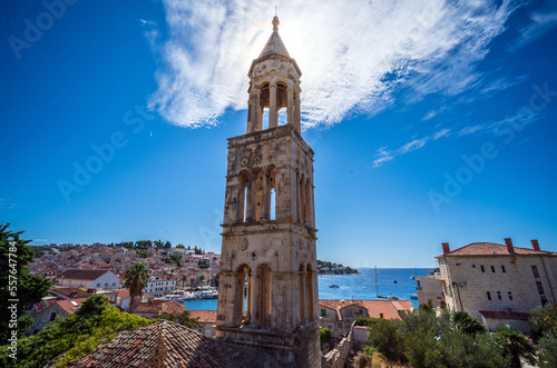 St. Mark's Church in the town of Hvar, Croatia with harbor in the background