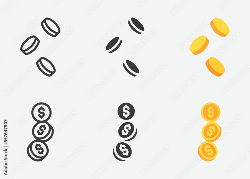 Coin icon set. Different Coins collection, Coin silhouette icons collection, coin in flat style and outline. Simple web icons set. Vector Coin icon set. Different Coins collection, Coin silhouette icons collection, coin in flat style and outline. Simple web icons set. Vector