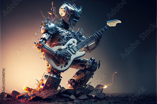 Robot Guitarist - AI music is becoming more popular, and robots are taking over. This robot was created by generative AI to represent artificial intelligence used in audio recordings.