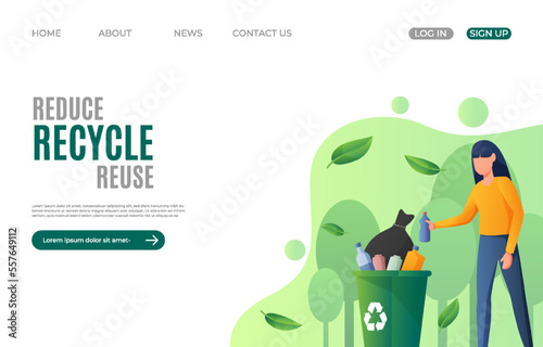 Characters reducing food waste, recycling plastic bottles. Reduce, reuse, recycle and zero waste concept. Web banner, landing page. Vector illustration