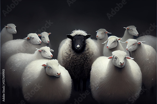 A herd of white sheep with a black one in the middle