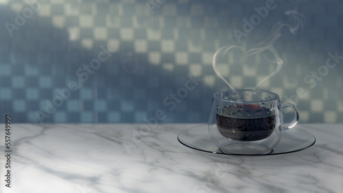 a cup of coffee with heart shape of smoke, 3D Rendering