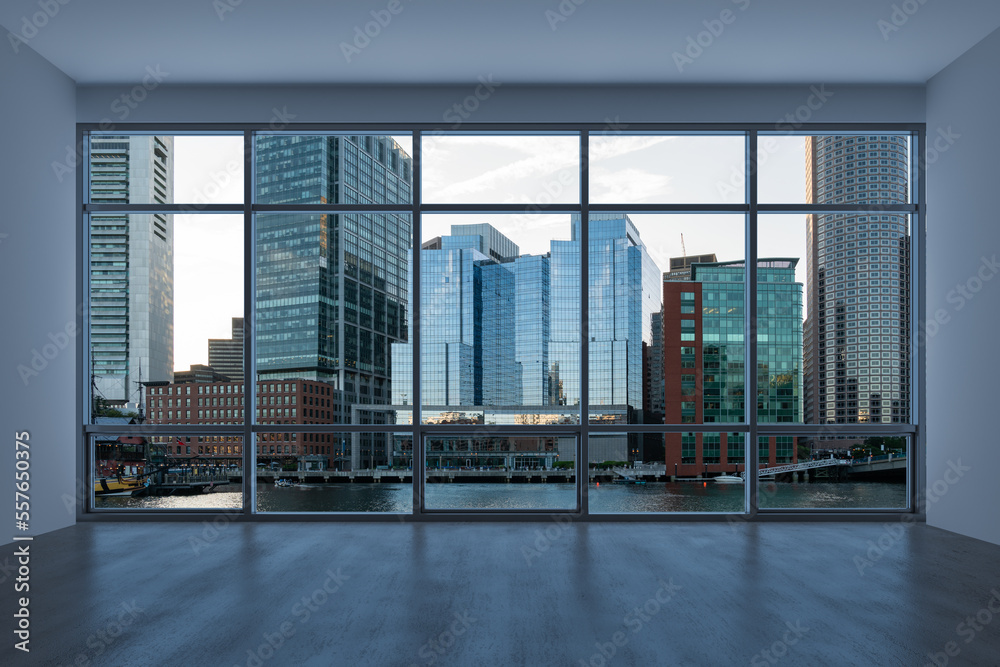 Panoramic picturesque city view of Boston at sunset from modern empty room interior, Massachusetts. An intellectual, technological and political center. 3d rendering. - obrazy, fototapety, plakaty 