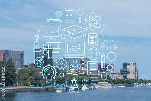 Panorama Boston city view skyline and Massachusetts Institute of Technology campus at day time. Technological and educational concept. Academic research and top ranking universities, hologram photo
