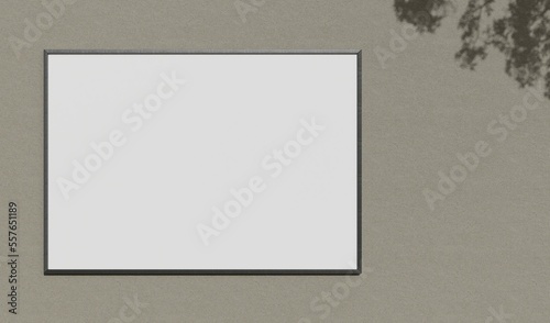 Mock up photo frame on the white wall with tree shadow	
