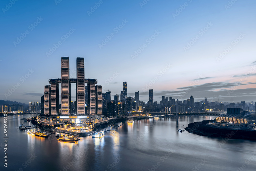 High angle night view of Chaotianmen Wharf in Chongqing, China
