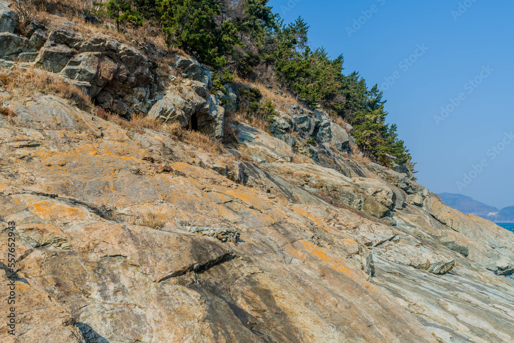 Sloping rocky cliffs topped with evergreen trees under blue sky.