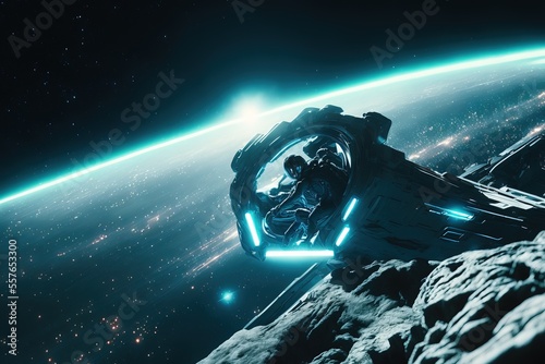 Fototapeta Naklejka Na Ścianę i Meble -  Spaceship flying. UFO spacecraft. Movie scenery. Movie concept. Illustration. Generative AI