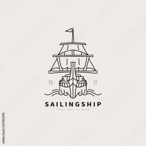 sailing ship vintage icon vector illustration with line art style logo design