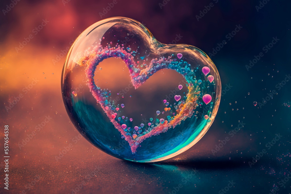 Fototapeta premium Flying heart shaped shiny soap bubbles, Generative AI
