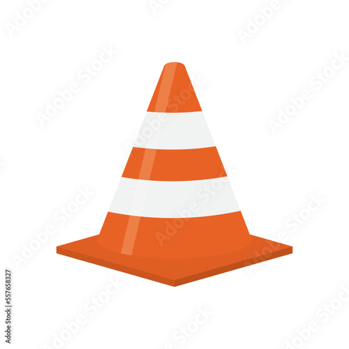 Plastic traffic cone isolated on white background. Red road cone with stripes, simple icon, warning symbol in flat cartoon style.