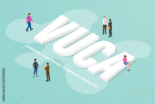 vuca volatility uncertainty complexity ambiguity big text word and people around with modern isometric style photo