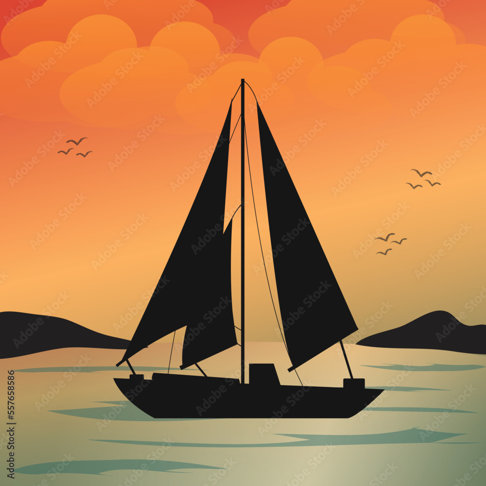 Fototapeta premium Sailing boat illustration. Sunset or sunrise on the sea. Boat at the ocean. vector illustration