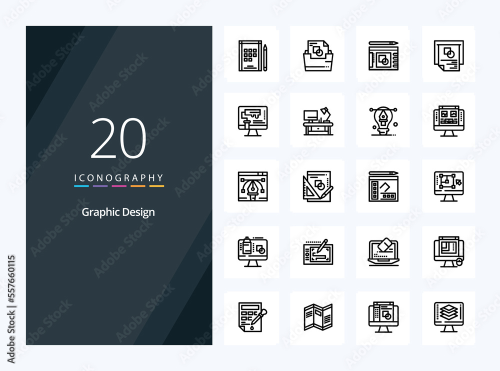 20 Graphic Design Outline icon for presentation. Vector Line icons illustration