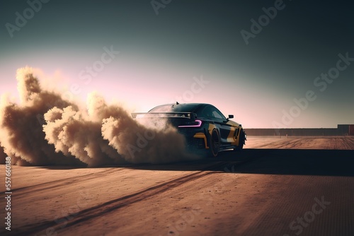 a mad race in the desert. Post-apocalyptic. racing. Generative AI © Gasi