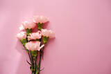 Beautiful pink Carnation flowers composition on pink background. Mother's day, Women's day, wedding and bridal concept floral background.