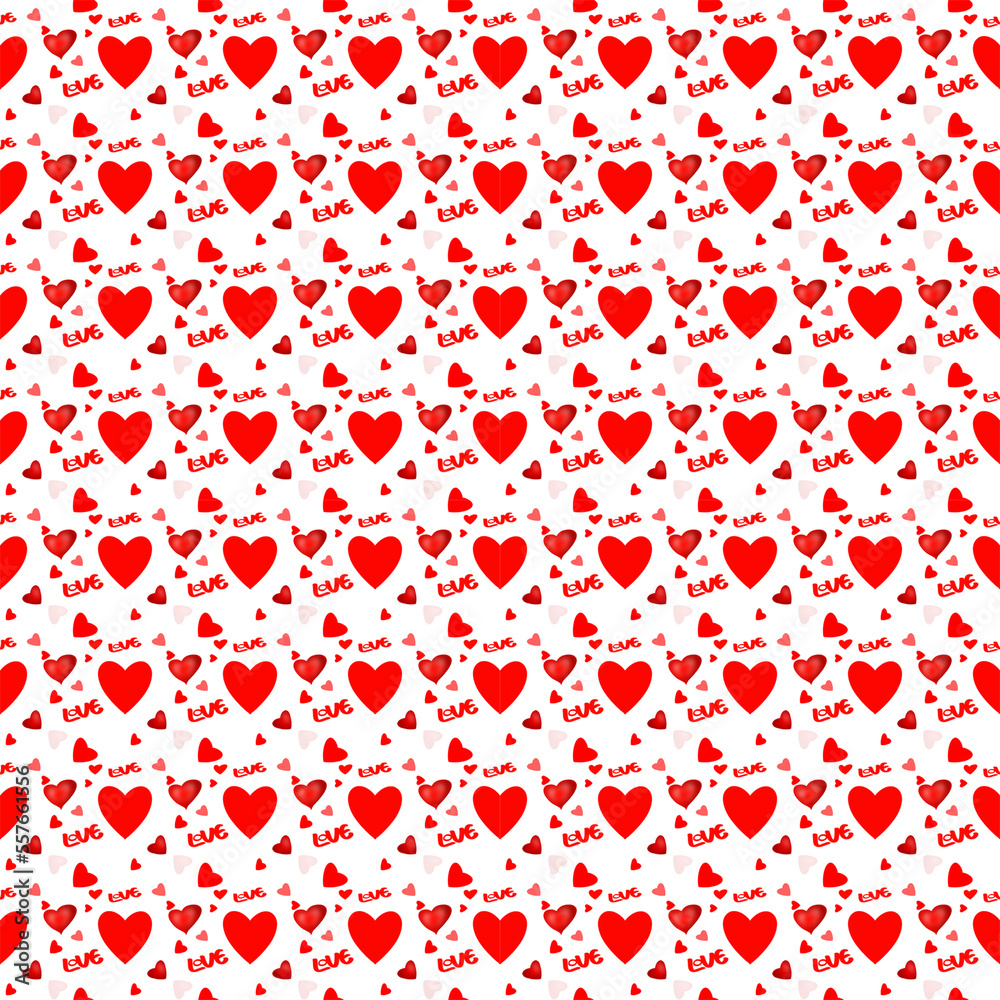 Illustrated heart seamless pattern on red background. 