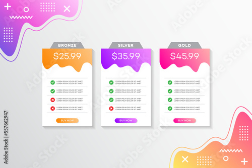 Pricing table design, Pricing plan or subscription web UI elements, Website marketing or promotion interface template, Product comparison table photo