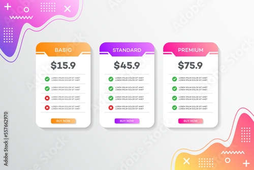 Pricing table design, Pricing plan or subscription web UI elements, Website marketing or promotion interface template, Product comparison table