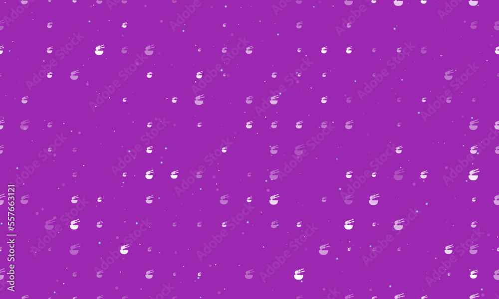 Seamless background pattern of evenly spaced white noodle symbols of different sizes and opacity. Vector illustration on purple background with stars Seamless background pattern of evenly spaced white noodle symbols of different sizes and opacity. Vector illustration on purple background with stars