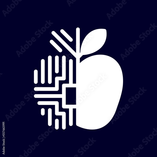 Isolated apple tech logo on dark background. Line, computer, digital company brand identity