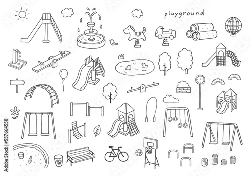 公園の遊具の手描きイラストセット（モノクロ）