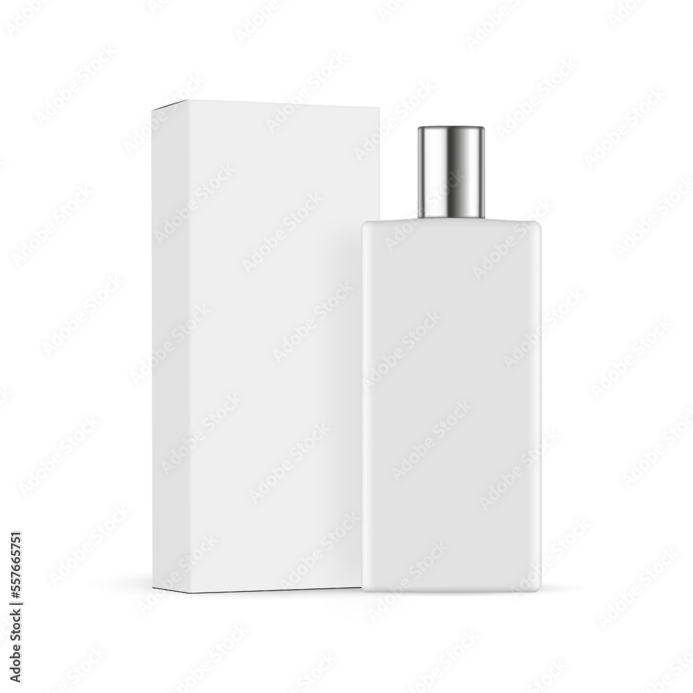 Tall Perfume Bottle Mockup With Paper Box, Isolated on White Background. Vector Illustration Tall Perfume Bottle Mockup With Paper Box, Isolated on White Background. Vector Illustration