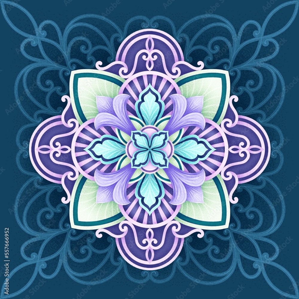 Spiritual Mandala In Purple, Green, Aqua & Turqoise
