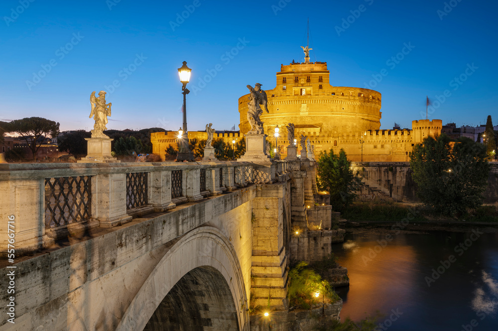 Castel Sant'Angelo, Circular castle after sunset blue hour, Rome Italy