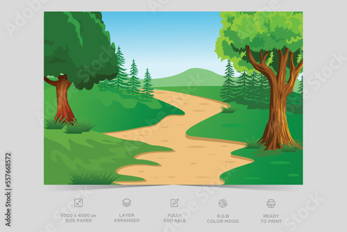 Horizon nature scene countryside with forest lake side view. Mountain green valley scene. Summer season scenic view. Village on river, mountain summer nature landscape vector illustration. 