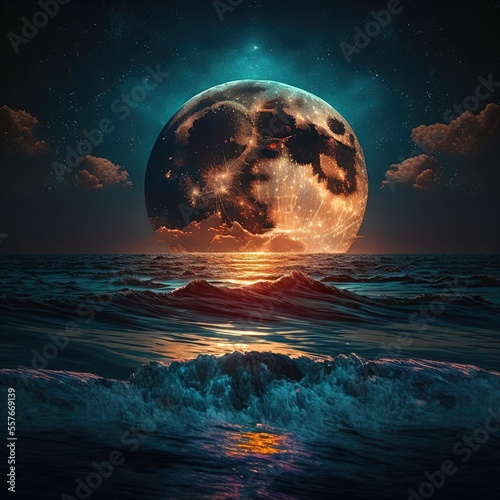 illustration magical moon rise on the ocean made with generative ai