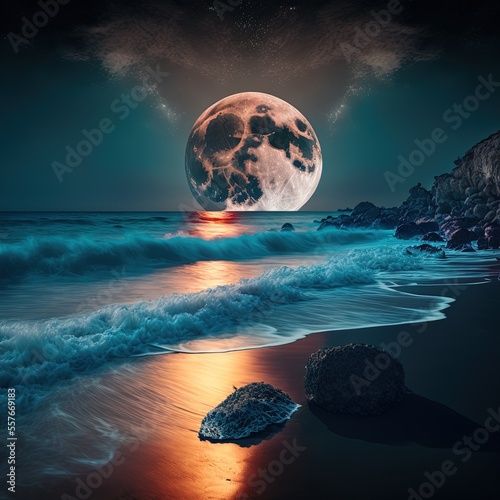 illustration magical moon rise on the ocean made with generative ai