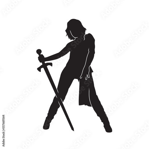 Silhouette of a swordsman girl on white background.