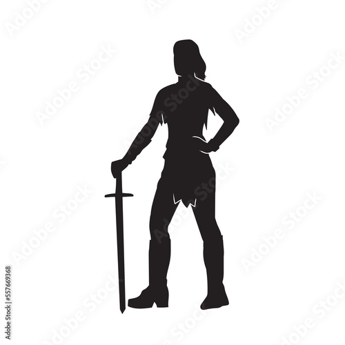 Silhouette of a swordsman girl on white background.